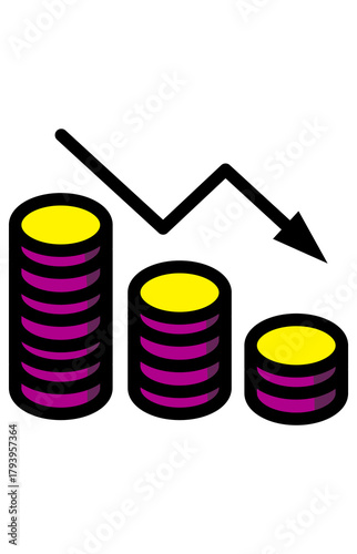 Coin stacks with downward trend line graph. Financial loss recession decline symbol. Stock market crash decreasing value.