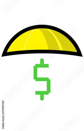 Umbrella over dollar sign protection icon. Financial security insurance coverage symbol. Budgeting for rainy day concept graphic.