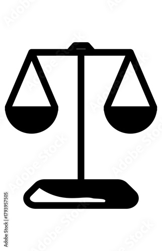 Solid black icon of legal balance scales. Justice and equality measurement symbol. Fair assessment comparison graphic.