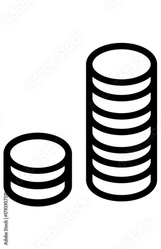 Outline icon unequal stacks of coins comparison. Difference in savings or financial growth. Two columns representing wealth disparity.