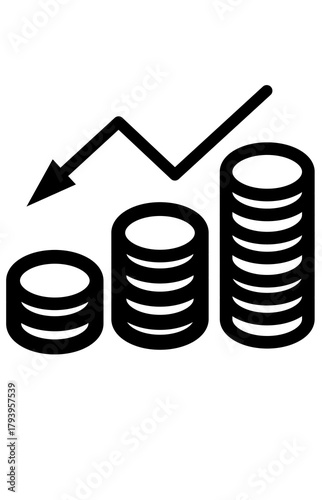 Outline icon coin stacks downward trend graph. Financial loss recession decline symbol. Stock market crash decreasing value.
