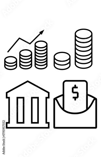 Four finance icons set on white background. Financial growth bank money payment symbols. Outline graphic business and investment tools.