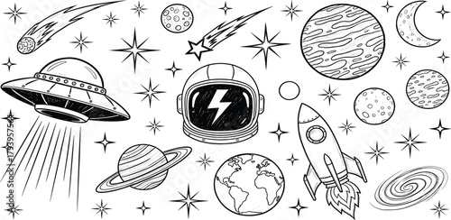 Outlined Space Exploration Icons Astronaut Helmet, Rocket, Planets