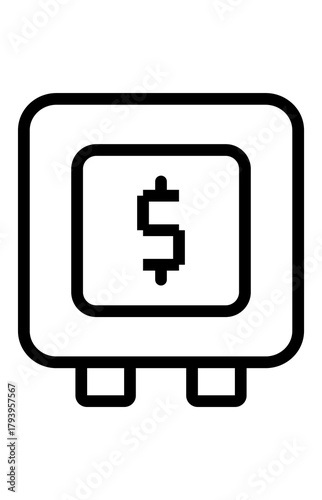 Outline icon safe box with dollar sign. Financial security storage deposit symbol. Private lockbox protection graphic.