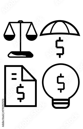 Four finance icons set on white background. Financial balance protection idea bill symbols. Outline graphic legal and investment tools.