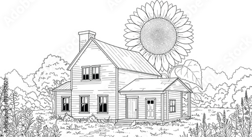 PrintBeautiful farmhouse with giant sunflower illustration, countryside nature landscape drawing, rustic home exterior, blooming flower field scene, detailed line art