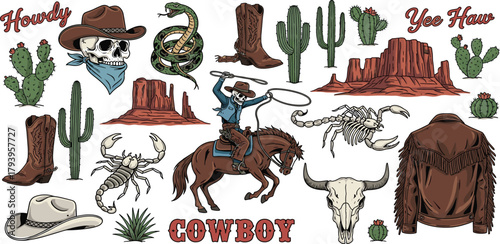 A vibrant graphic collection embodying the Wild West concept, featuring iconic cowboy culture elements, rugged desert landscapes, and traditional frontier symbols