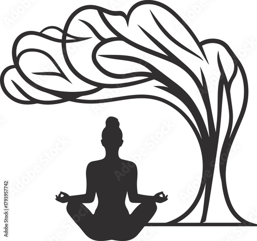 Serene Meditation Under a Majestic Tree: A silhouette of a person practices yoga, seated in the lotus position beneath the sheltering branches of a grand tree.