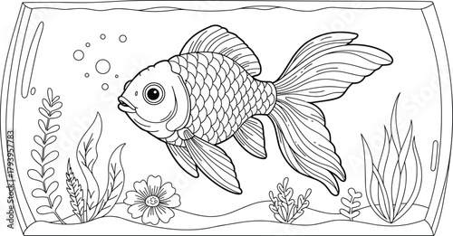 PrintBeautiful goldfish swimming in aquarium tank with aquatic plants and bubbles, detailed line art drawing for coloring and design