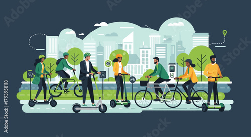 Active city people using e-scooters, e-bikes, and hoverboards, green urban mobility, modern transport vector design