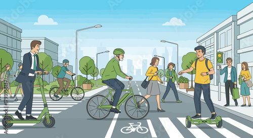 Active city people using e-scooters, e-bikes, and hoverboards, green urban mobility,