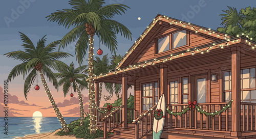 Beach house decorated for Christmas with string lights, palm trees, and surfboard