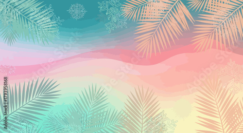 Abstract tropical Christmas background with pastel gradients, palm leaves, and snowflake overlays