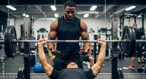 A person bench pressing in a gym with a spotter standing behind.