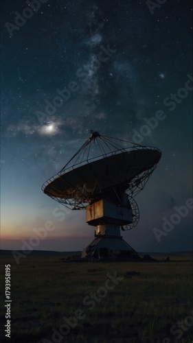 Large satellite dish against starry night sky illustrating communication generative ai