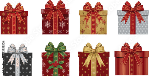 PrintChristmas gift box collection with decorative bows, festive wrapping paper, luxury holiday presents, celebration packaging, elegant ribbon designs, isolated set.