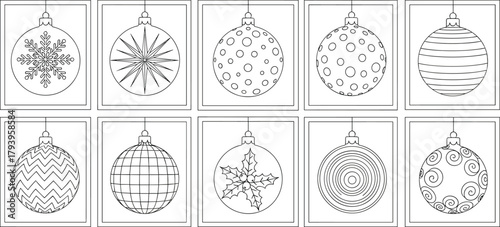 PrintChristmas ornaments set black and white illustration, festive baubles line art, winter holiday decoration design, printable coloring page collection