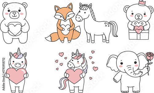PrintCute animal characters holding hearts and flowers illustration, adorable cartoon design, Valentine’s day love theme, romantic wildlife art collection