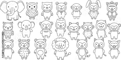 PrintCute cartoon animal character collection, adorable baby animals illustration, black and white line art drawing for kids coloring page