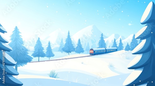 charming winter landscape illustration featuring a blue train navigating snowy mountains and evergreen forests under a clear sky backdrop