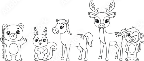PrintCute cartoon forest animals line art, bear, squirrel, horse, deer, monkey illustration, wildlife coloring page, adorable animal vector drawing