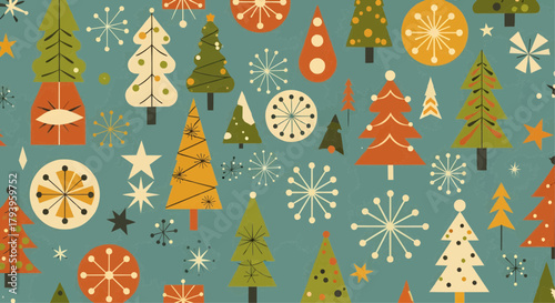 Retro Mid-Century Modern Seamless Christmas Pattern with Stylized Trees and Starbursts