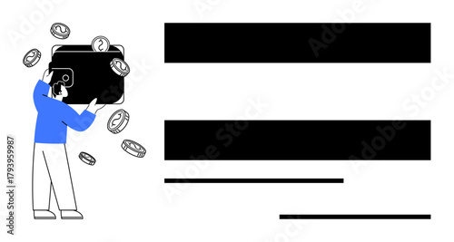 Person holding a large wallet with coins falling, symbolizing savings, finance control, investment. Ideal for finance, budgeting, income, economy wealth savings and investing themes. Simple flat