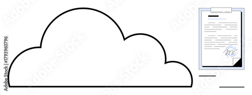 Cloud with a signed document on clipboard symbolizes digital storage, secure data transfer, remote access, e-signatures, and digital workflows. Ideal for cloud storage, agreements, efficiency