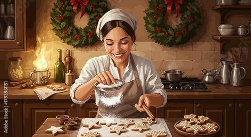 A happy woman in a chef's hat and apron sprinkles powdered sugar on star-shaped Christmas cookies in a cozy, festive kitchen.