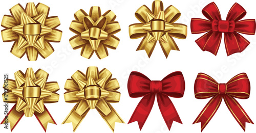 PrintGolden and red decorative bows, luxury ribbon gift decoration, festive wrapping ornaments for Christmas, celebration, birthday, party, and holiday design