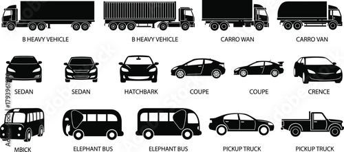 PrintSilhouette vehicle icons collection, heavy trucks, sedans, coupe cars, hatchback, pickup truck, bus graphics, transportation design set, automotive illustration elements
