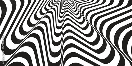 Hypnotic spirals background. Radial optical illusion. Black and white swirl tunnel wallpaper. Horizontal spinning concentric curves. Vortex or whirlpool design for poster, banner, flyer.Vector