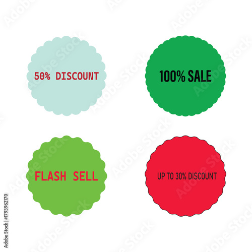 Four vibrant sales and discount labels with distinct wavy borders, ideal for e-commerce, web banners, and marketing promotions.