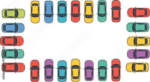 PrintTop view of colorful cars arranged in creative square parking pattern, urban transportation concept, modern vehicle design, city traffic illustration, automotive art