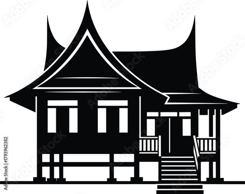 PrintTraditional Minangkabau house with curved roof, Indonesian cultural architecture design, ethnic heritage wooden home silhouette vector illustration for stock design