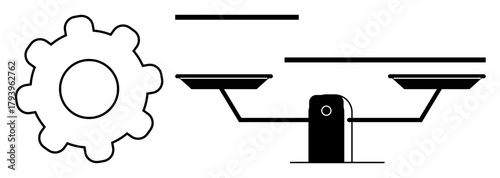 Gear beside balanced scale symbolizes teamwork, efficiency, and fairness. Ideal for productivity, equality, law, balance, organization teamwork or decision-making. Minimalist flat metaphor