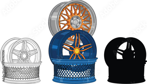 Custom Car Wheel Rims and Accessories Illustration Set - Outline, Color, and Silhouette Vector
