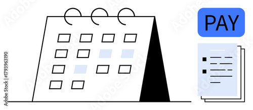 Desk calendar with marked dates, payment reminder label, and stacked documents. Ideal for finance, organization, productivity, scheduling, reminders bill management and business planning. Clean