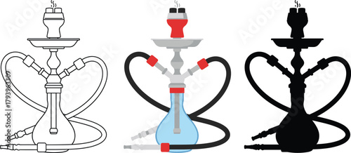 Traditional Hookah or Shisha Pipe Icon Set - Outline, Color, and Silhouette Vector