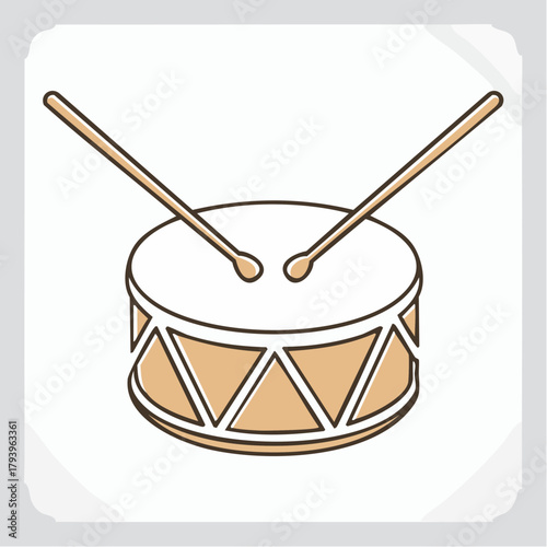 Illustration of a snare drum with two drumsticks resting on top, isolated on a white background.