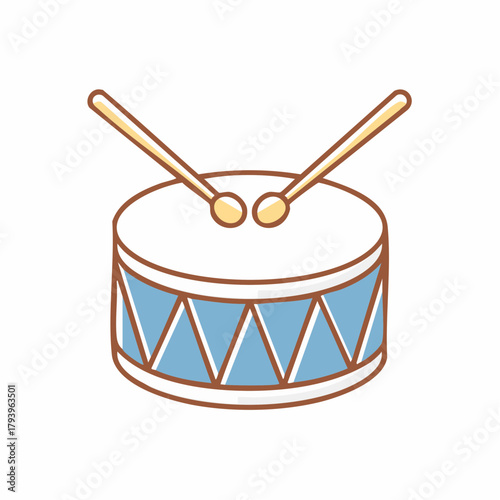 Cartoon illustration of a drum with two drumsticks resting on top, isolated on white.