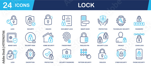 Set of collection line icons related Lock. Editable stroke. Perfect pixel on transparent background