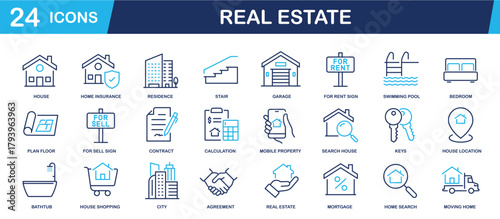 Set of collection line icons related Real Estate. Editable stroke. Perfect pixel on transparent background