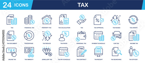 Set of collection line icons related Tax. Editable stroke. Perfect pixel on transparent background