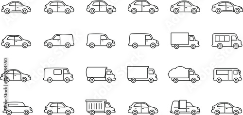 PrintVehicle icon set illustration, diverse car and truck line drawings, transportation outline symbols for design, logistics elements, automotive graphic collection