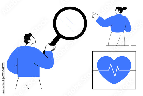 Individuals studying details with magnifying glass, heart and heartbeat for health, care, research, leadership, diagnostics, analytics, and collaboration ideas. Ideal for simple flat metaphor
