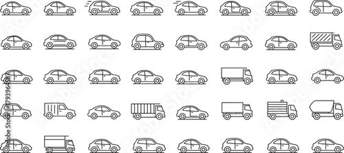 PrintVehicle icon set illustration, diverse car and truck outline drawings, transport symbols for design, automotive graphic elements, minimal line style collection