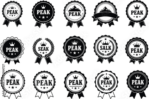PrintVintage award badge collection, black and white ribbon seals, vector crown emblems, premium certificate labels, laurel wreath honor designs