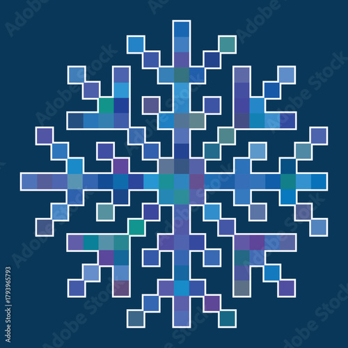 Multicolor pixel snowflake, minimalistic vector art, cartoon stylization, winter illustration