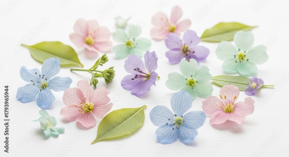 Fototapeta premium Pastel Spring Flowers Scattered on White Background, Delicate Blossoms
